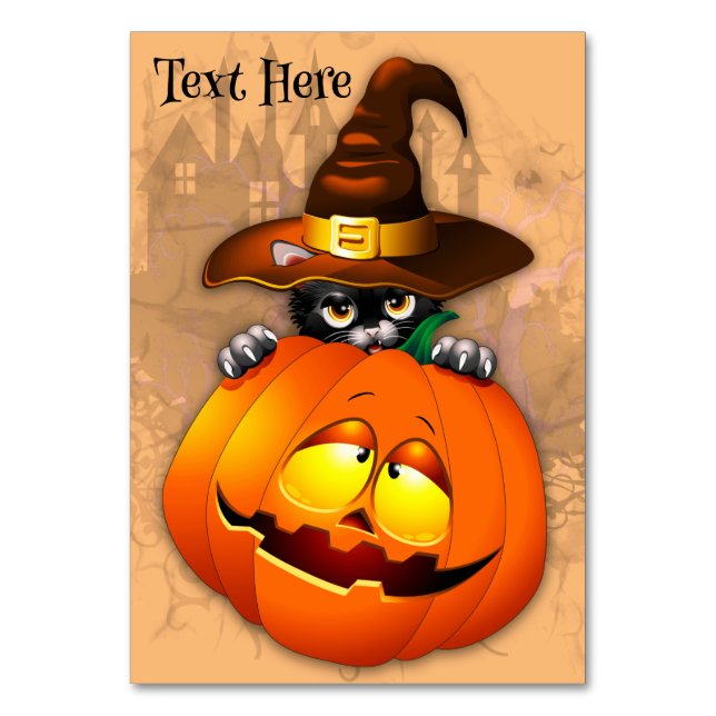 Halloween Niedlich Kitty Hexe und Kürbisfreund Tischnummer (Vorderseite)