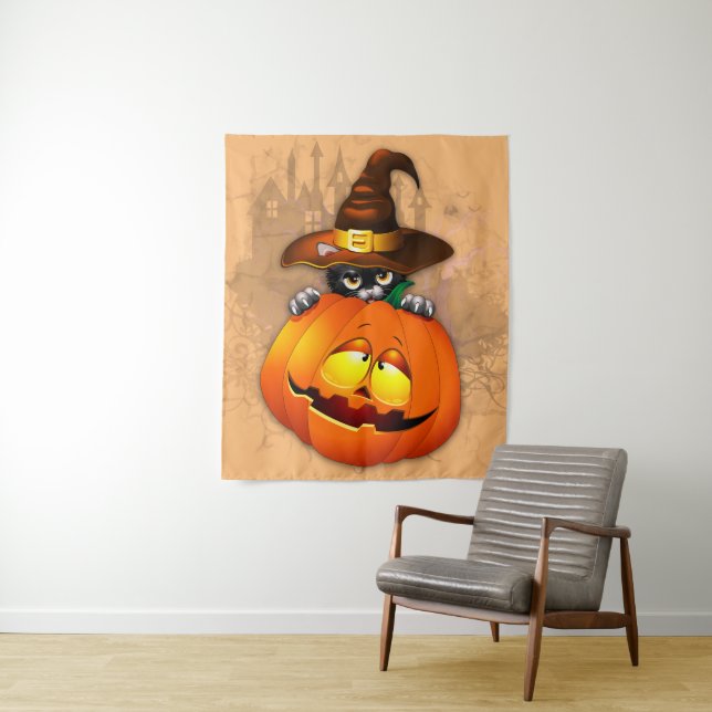 Halloween Niedlich Kitty Hexe und Kürbisfreund Wandteppich (Beispiel)