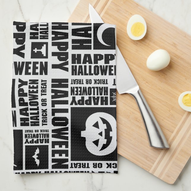 Halloween Niedlich Spooky Whimsical Black Pattern Geschirrtuch (Viertel Falte)