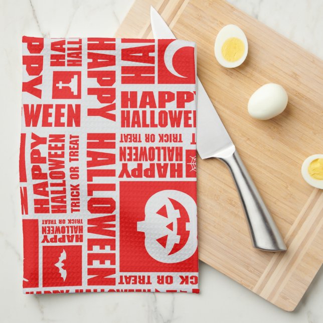 Halloween Niedlich Spooky Whimsical Red Pattern Geschirrtuch (Viertel Falte)