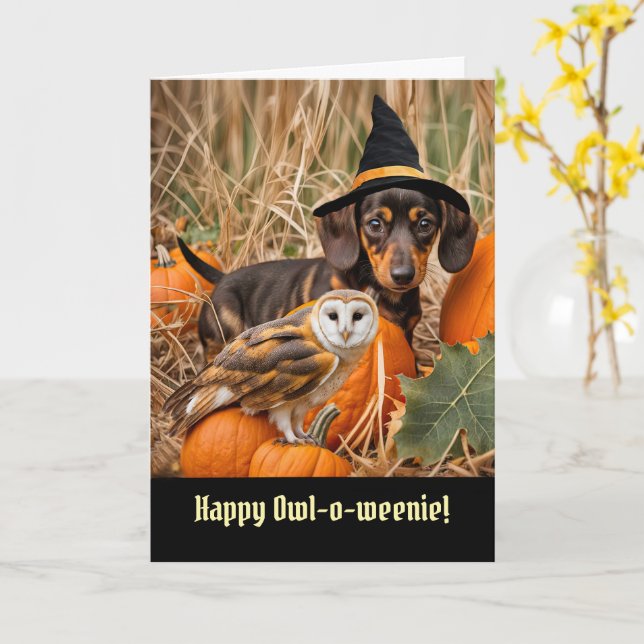 Halloween Niedlich und Funny Owl und Dackel Welpe Karte (Gelbe Blume)