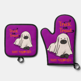 Halloween Niedlich Whimsical Ghost Dog Lila Ofenhandschuh & Topflappen-Set