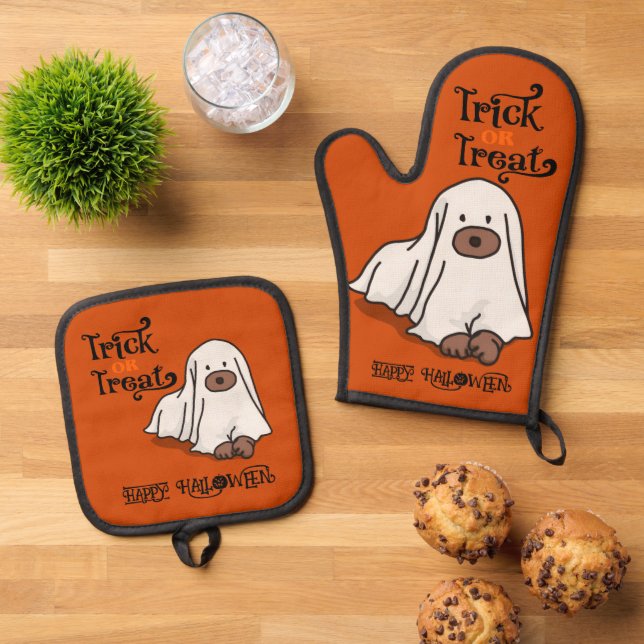 Halloween Niedlich Whimsical Ghost Dog Orange Ofenhandschuh & Topflappen-Set (Oben Unten)