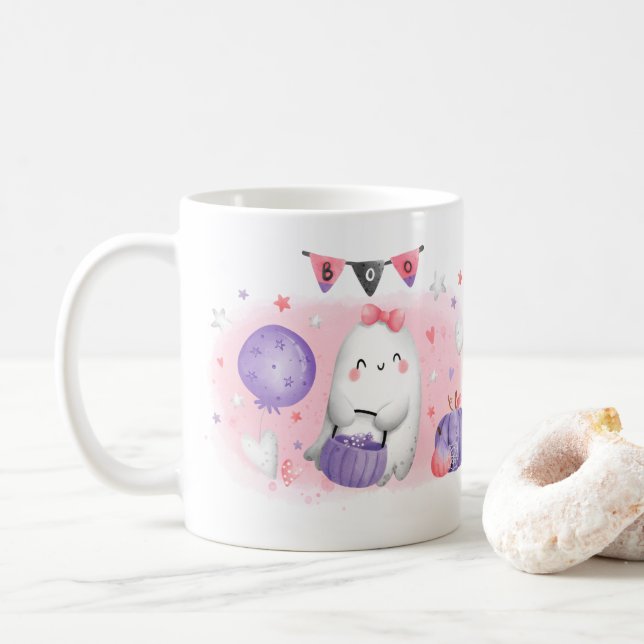 Halloween Niedliche Boo-Pink-Tasse Kaffeetasse (Mit Donut)