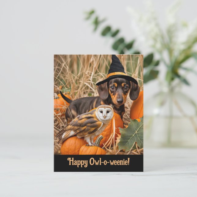 Halloween Niedliche Dackel Pup Owl Feiertagspostkarte (Stehend Vorderseite)