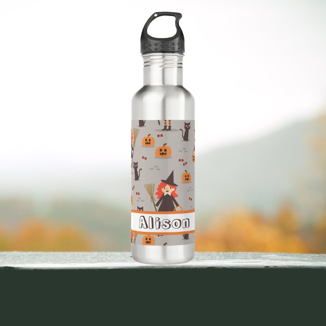 Halloween Niedliche Hexe, Kürbis, Schwarze Katze Edelstahlflasche (Halloween Witch and pumpkins water bottle. perfect for trick or treat, back to school, hiking.)