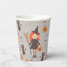 Halloween Niedliche Hexe, Kürbis, Schwarze Katze Pappbecher