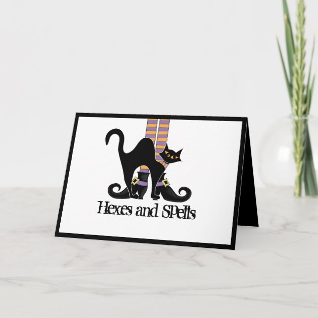 Halloween Niedliche Hexenschuhe Schwarze Katze Karte (Vorderseite)
