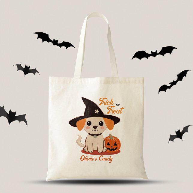 Halloween niedliche Hündchen-Kürbislaterne Tragetasche (Halloween cute puppy jack o lantern trick or treat personalized name tote bag gifts for dog lovers)