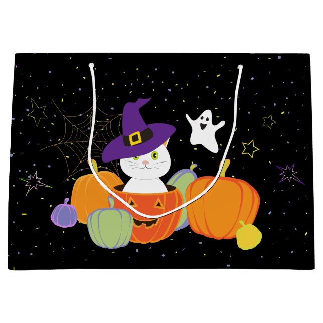Halloween Niedliche Katze in Hexenhut Große Geschenktüte (Vorderseite)