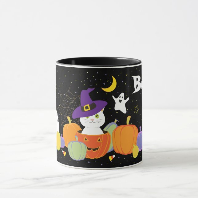 Halloween Niedliche Katze in Hexenhut Tasse (Zentrum)