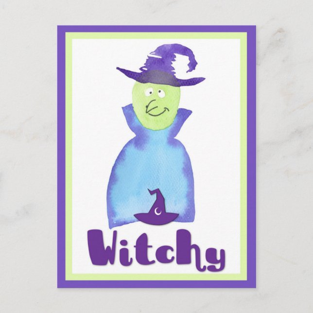 Halloween Niedliche Lila Wasserfarbe Hexe Postkarte (Vorderseite)