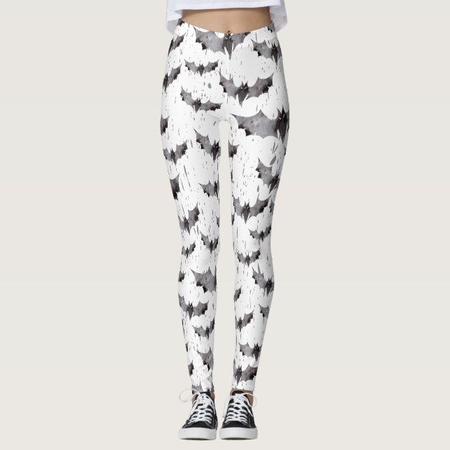 Halloween niedliche Schwarz-Weiß-Wasserfarben-Fled Leggings (Vorderseite)