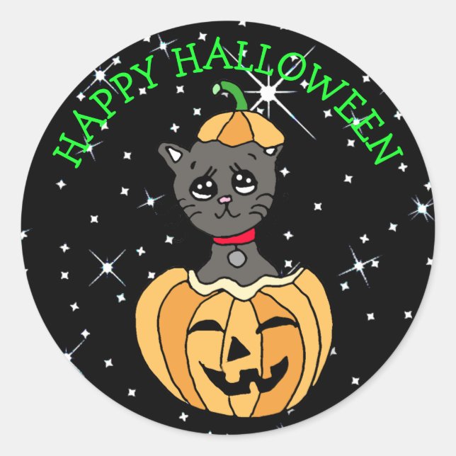 Halloween Niedliche Schwarze Katze in Kürkin Runder Aufkleber (Vorderseite)