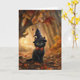 Halloween Niedliche Schwarze Katze mit Hexenhut un Karte