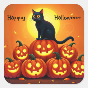 Halloween niedliche Schwarze Katze und Laternen de Quadratischer Aufkleber