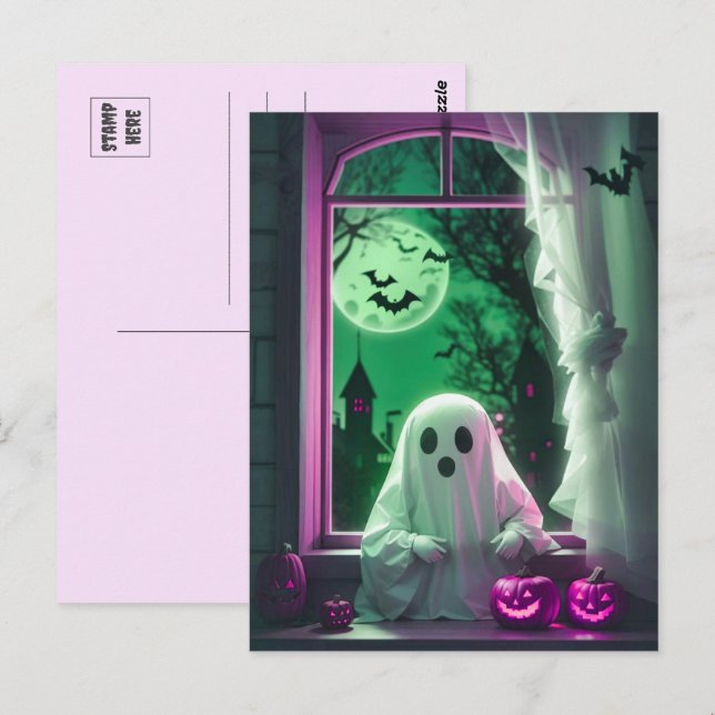 Halloween Niedlicher kleiner Geist von der Fenster Postkarte (Vorne/Hinten)