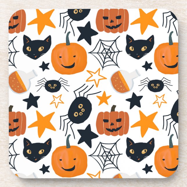 Halloween Niedlicher Kürbis, Spinne, Schwarze Katz Getränkeuntersetzer (Vorderseite)