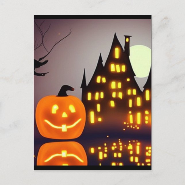 Halloween niedlicher Kürbis und Haus A.I. Spaß Postkarte (Vorderseite)