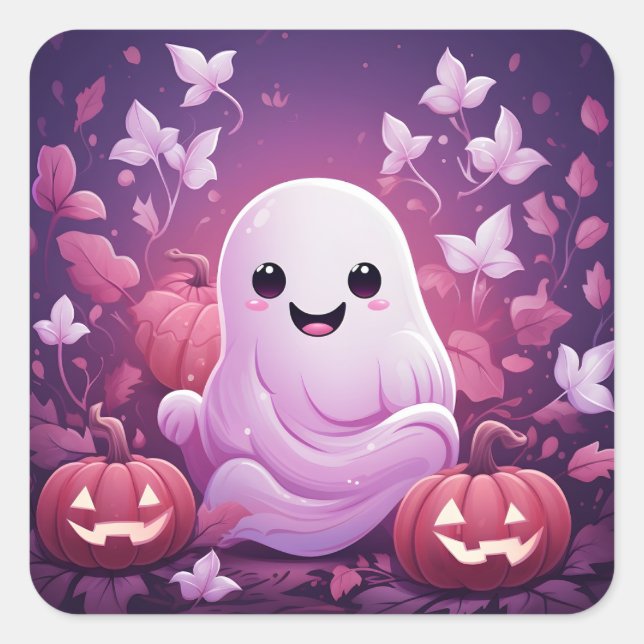 Halloween Niedlicher rosa Geist und Orangenpumpen Quadratischer Aufkleber (Vorderseite)