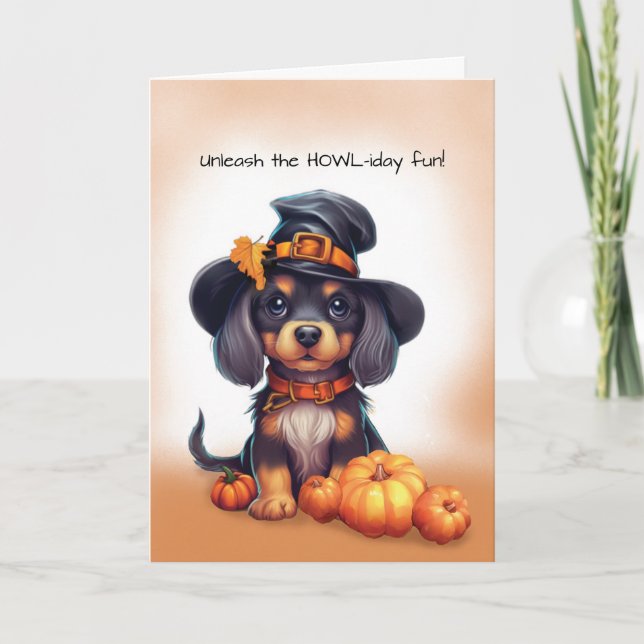 Halloween Niedlicher Schwarzer Hund mit Pumpkins Karte (Vorderseite)