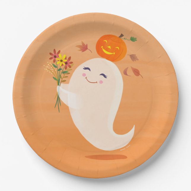 Halloween Niedliches Gespenst und Blume Pappteller (Vorderseite)