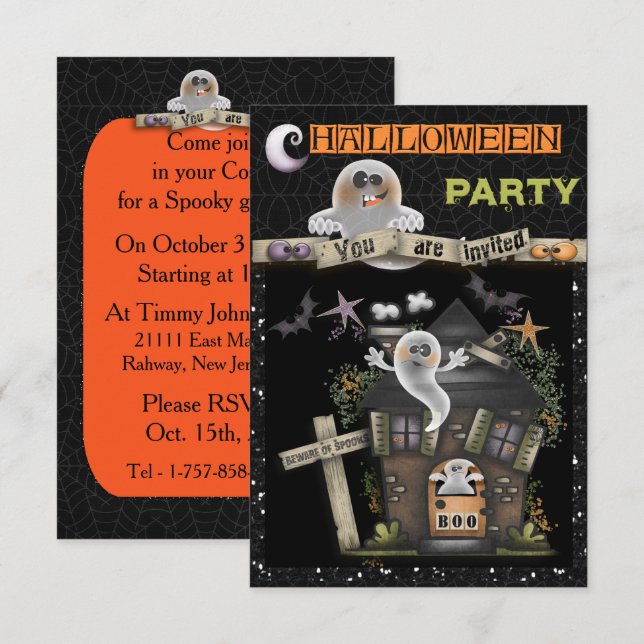 Halloween - Niedliches Spuk Geisterhaus (2) Einladung (Vorne/Hinten)