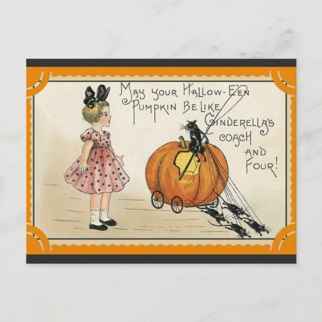 Halloween Niedliches Vintages Kürbiskatzenmädchen Postkarte (Vorderseite)