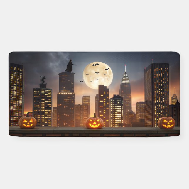 Halloween Night Cityscape mit Pumpkin Banner (Horizontal)
