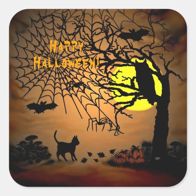 Halloween Night, Happy Halloween ! Quadratischer Aufkleber (Vorderseite)