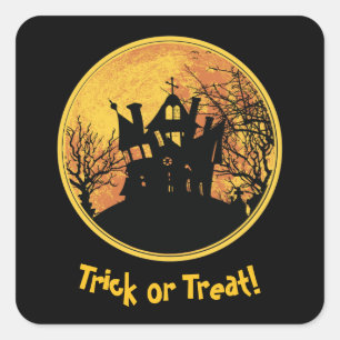 Halloween Night Trick oder Treat Full Moon House Quadratischer Aufkleber
