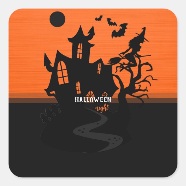 Halloween Night Witz and Bats Hunted House Quadratischer Aufkleber (Vorderseite)