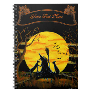 Halloween-Notizbuch, Hexe und schwarze Katzen Notizblock