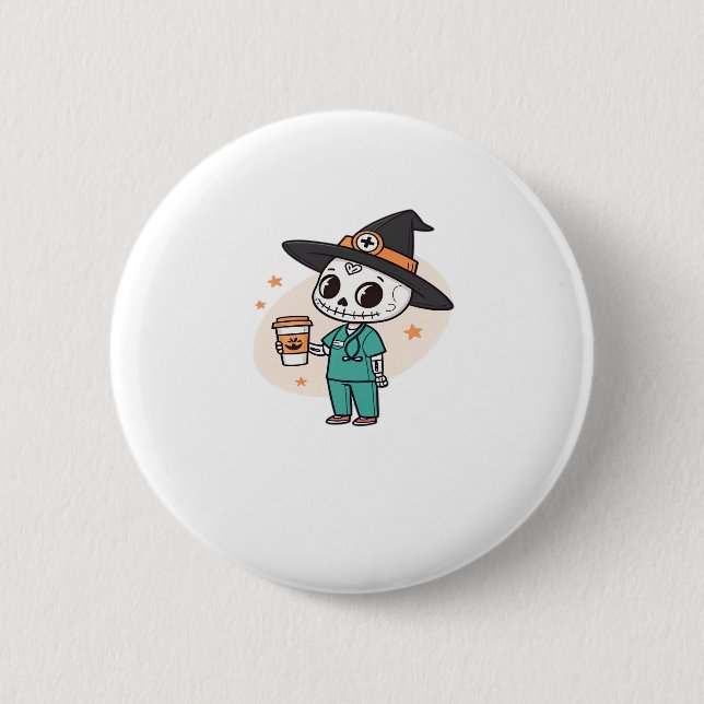Halloween Nurse with Coffee Wearing Witches Hat Cl Button (Vorderseite)