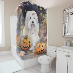 Halloween Old English Sheepdog mit Kürbissen Gruse Duschvorhang