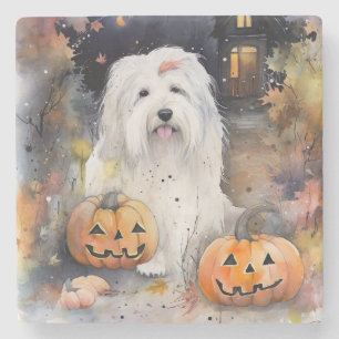 Halloween Old English Sheepdog mit Kürbissen Gruse Steinuntersetzer