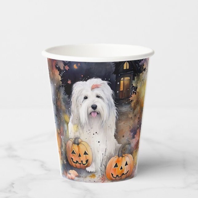 Halloween Old English Sheepdog mit Pumpkins Beängs Pappbecher (Vorderseite)