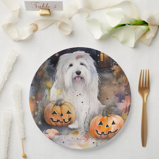 Halloween Old English Sheepdog mit Pumpkins Beängs Pappteller (Hochzeit)