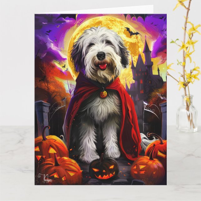 Halloween Old English Sheepdog Vampire Pumpkins Karte (Gelbe Blume)