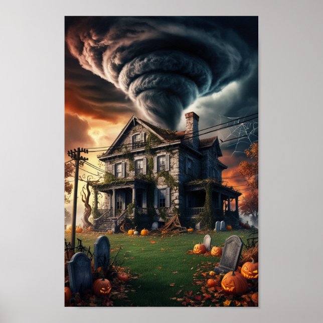 halloween old house in tornado poster (Vorne)