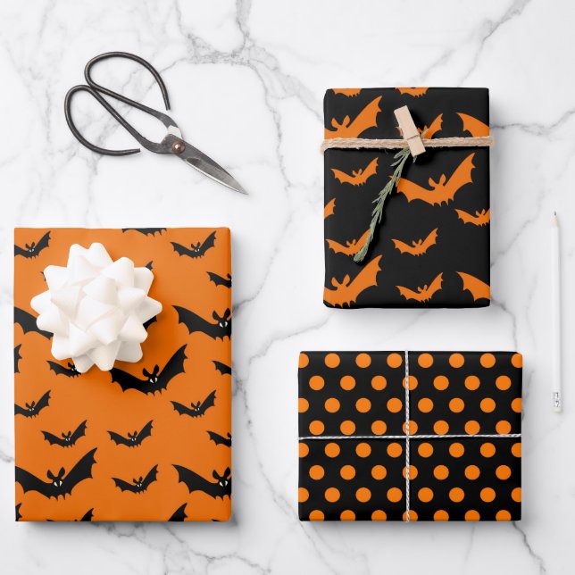 Halloween Orange Black Bat & Polka Dot Kid Party Geschenkpapier Set (Vorderseite)