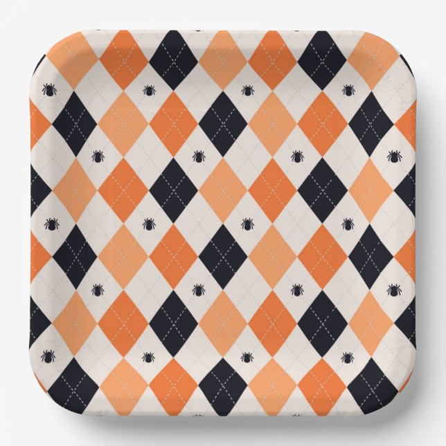 Halloween Orange & Black Spiding Raute Muster Pappteller (Vorderseite)