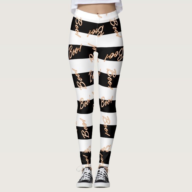 Halloween Orange BOO Schwarz & Weiß Streifen festl Leggings (Vorderseite)