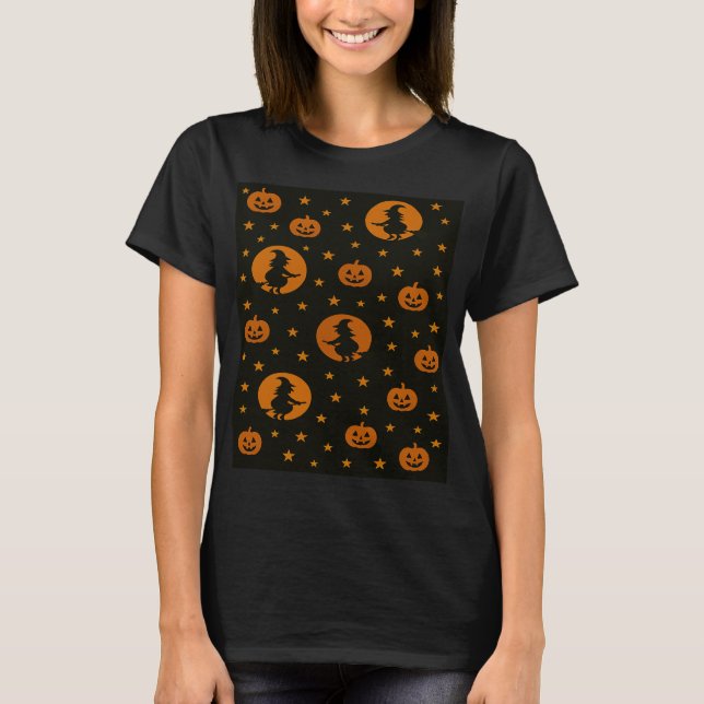 Halloween Orange Flying Witch and Pumpkins T-Shirt (Vorderseite)