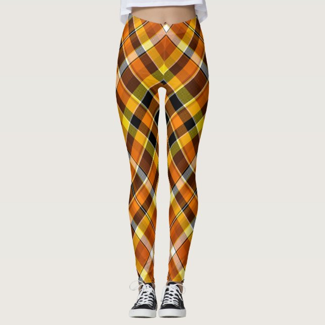 Halloween Orange, Gelb und Schwarz Kariert Leggings (Vorderseite)