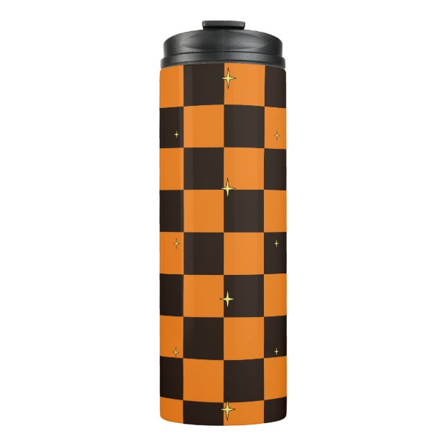 Halloween Orange Karo-Muster-Wärmebecher Thermosbecher (Vorderseite)
