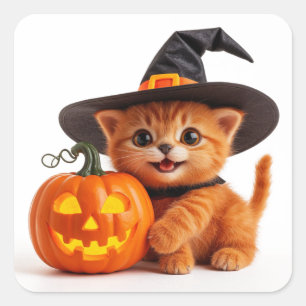 Halloween Orange Kitten Jack O Lantern Kürbis 🦇 Quadratischer Aufkleber