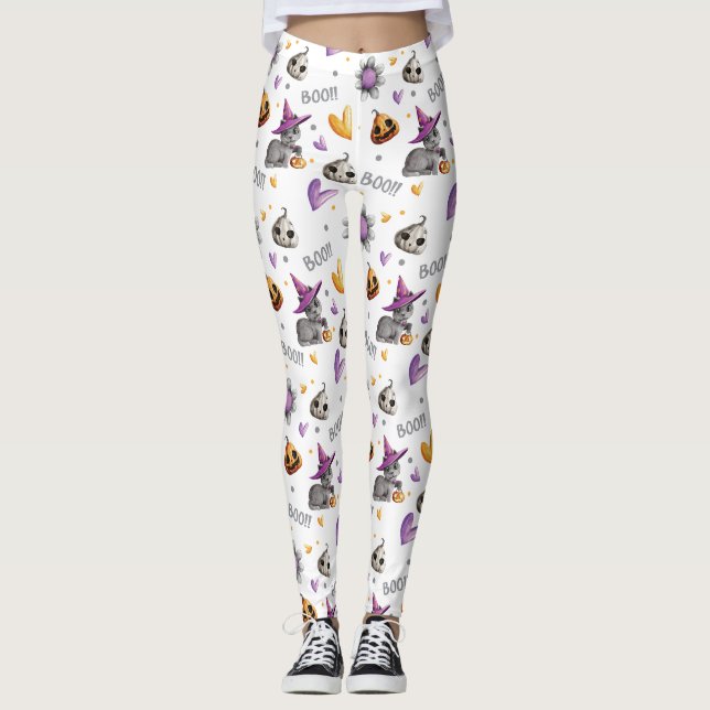 Halloween Orange & Lila Cats Pumpkins & Hearts Leggings (Vorderseite)