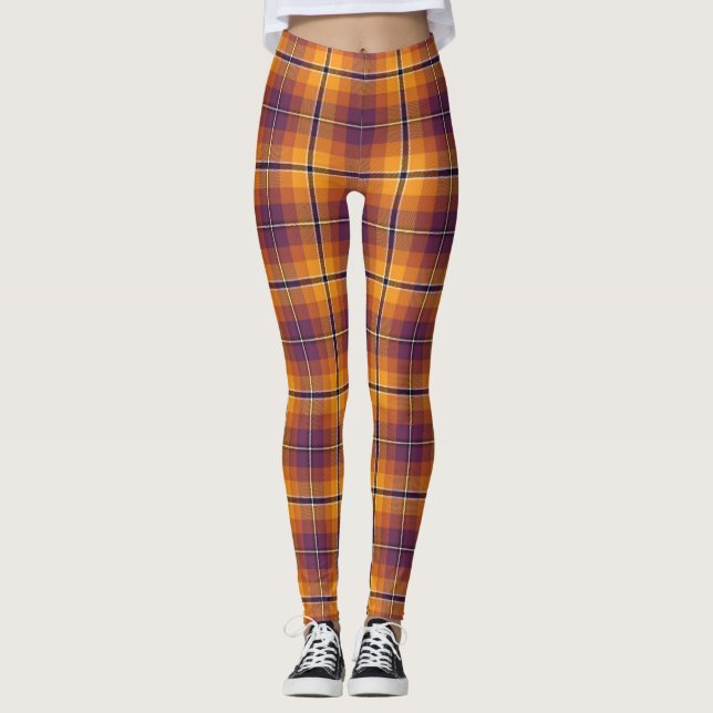 Halloween Orange & Lila Kariertes Muster Leggings (Vorderseite)