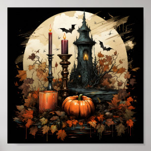 Halloween Orange Pumpkin, Fledermäuse, Kerze und B Poster